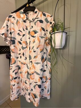 Rachel Zoe Peach, Green & Cream Abstract Linen Floral Shirt Dress size Large